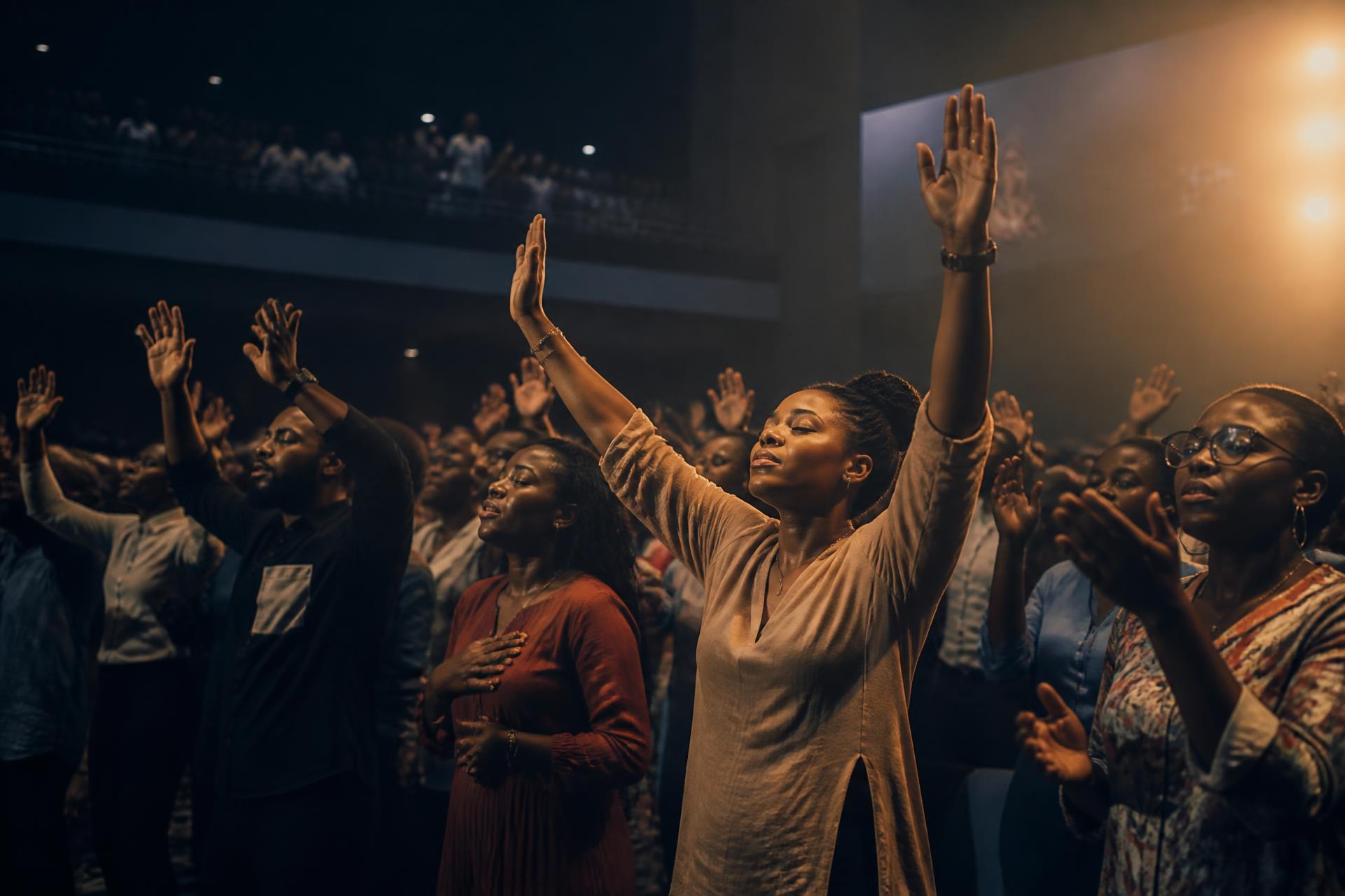 FANO congregation worshipping with raised hands